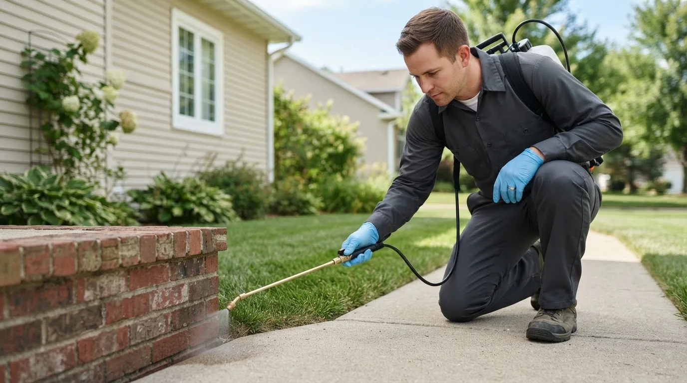 Pest control technician treating a home near Prinsburg, MN